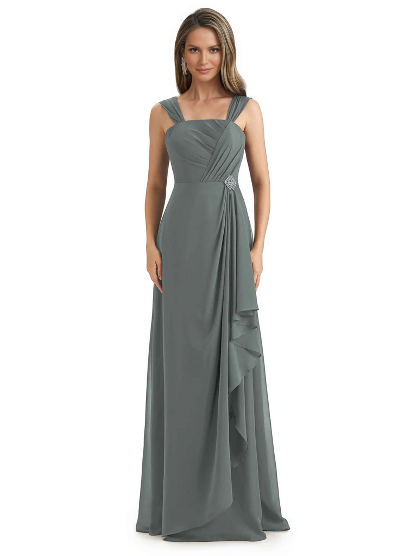 Square Neck Mother of the Bride Dress Floor-Length Chiffon Gown with Ruched Bodice