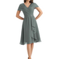 Mother of the Bride Dress Knee-Length V-Neck Chiffon Gown with Ruched Bodice