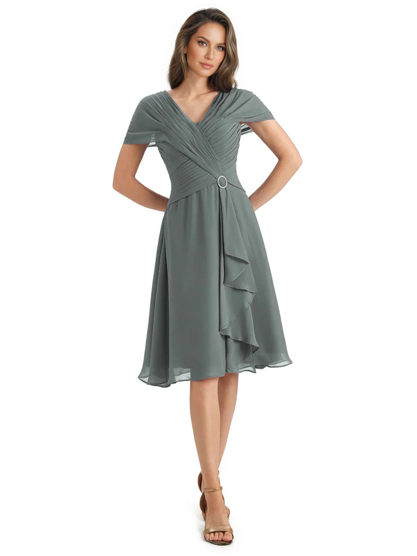 Mother of the Bride Dress Knee-Length V-Neck Chiffon Gown with Ruched Bodice