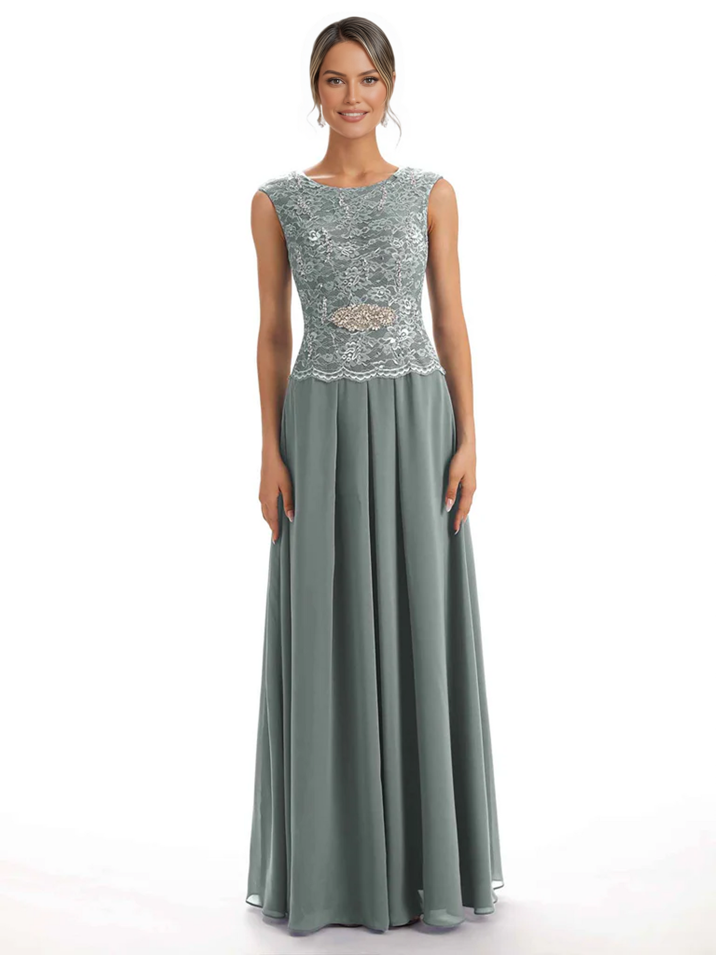 Mother of the Bride Dress Floor-Length Chiffon Gown with Embroidered Lace Bodice