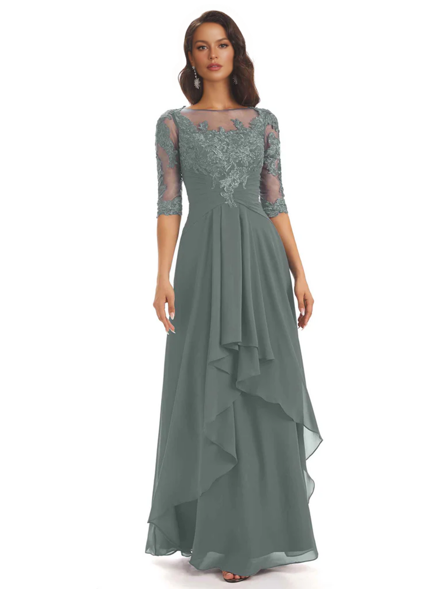 Elegant Lace A-line Chiffon Half Sleeves Mother of the Brides Dresses Floor Length