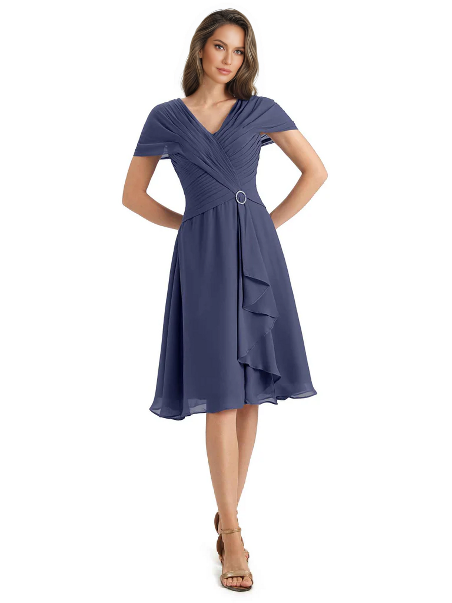 Mother of the Bride Dress Knee-Length V-Neck Chiffon Gown with Ruched Bodice