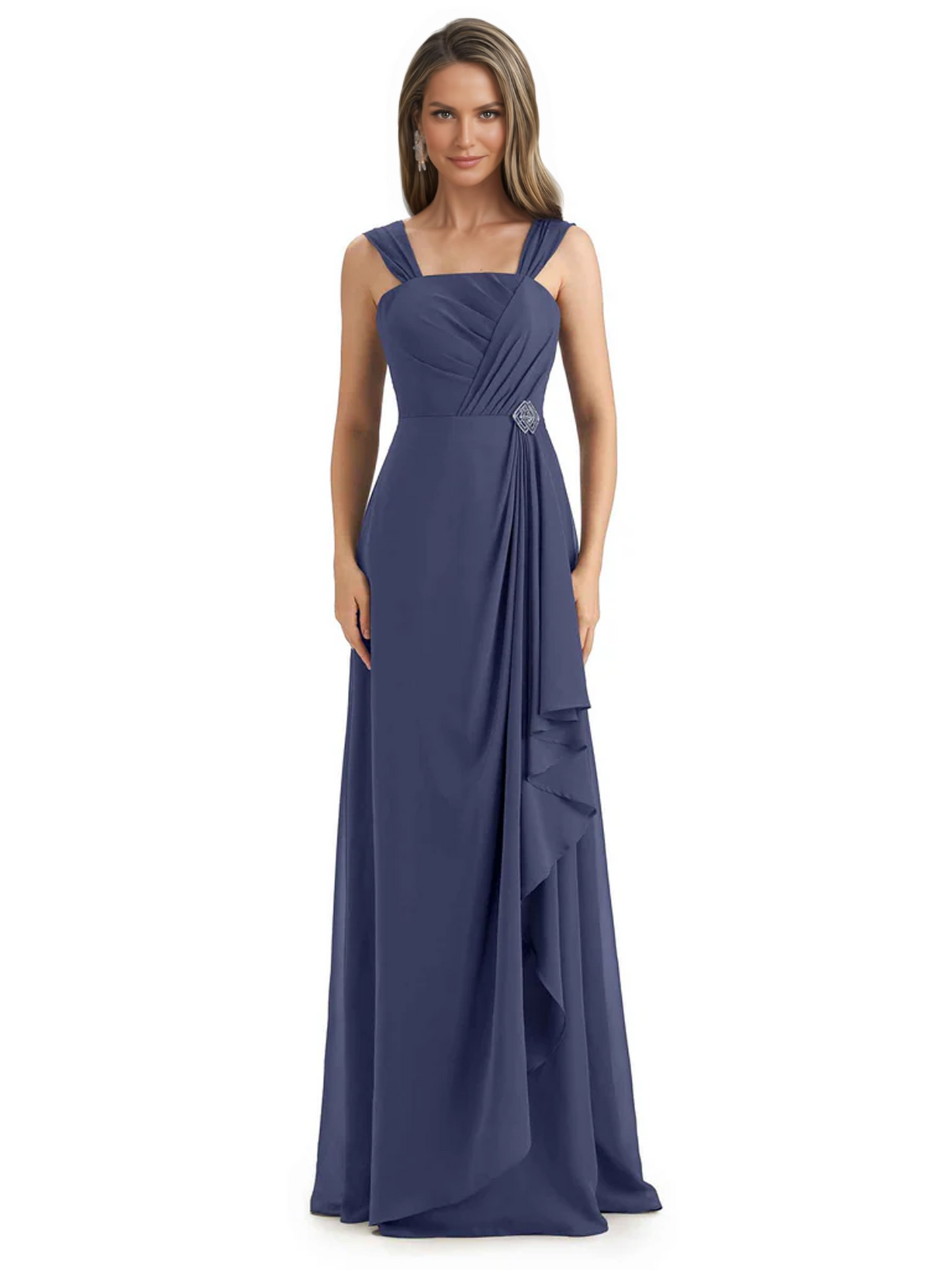 Square Neck Mother of the Bride Dress Floor-Length Chiffon Gown with Ruched Bodice