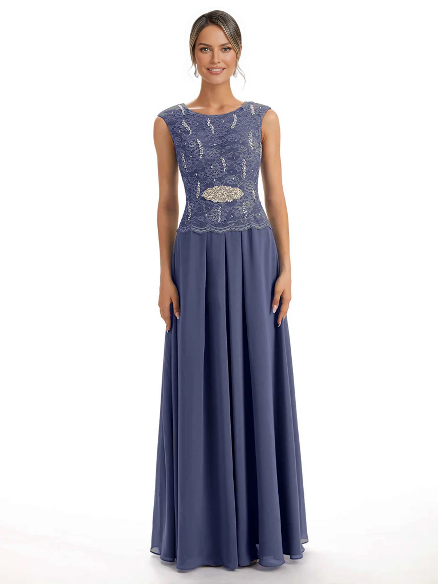 Mother of the Bride Dress Floor-Length Chiffon Gown with Embroidered Lace Bodice