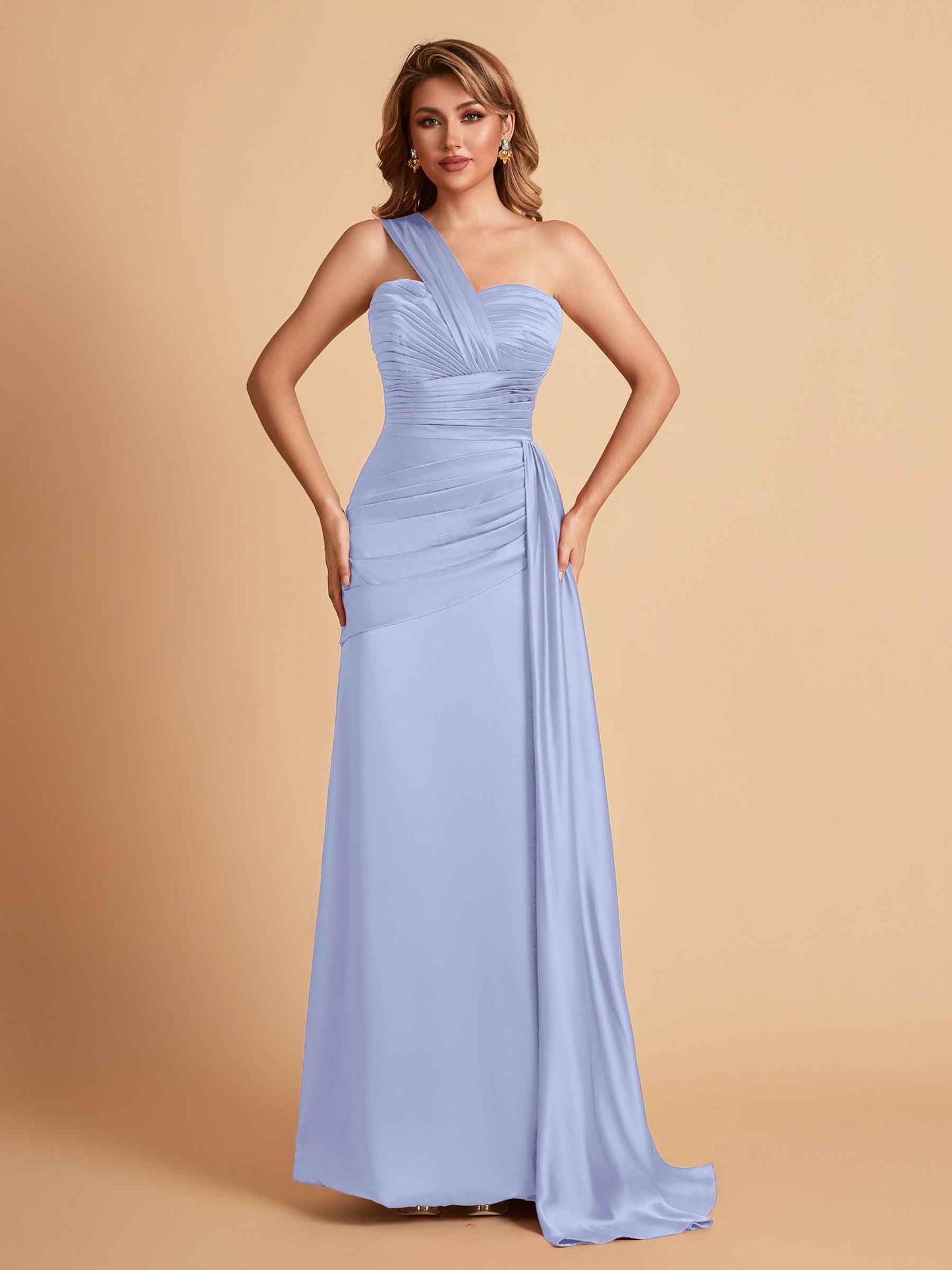 Sexy Satin Sheath One Shoulder With Train Elegant Long Bridesmaid Dresses