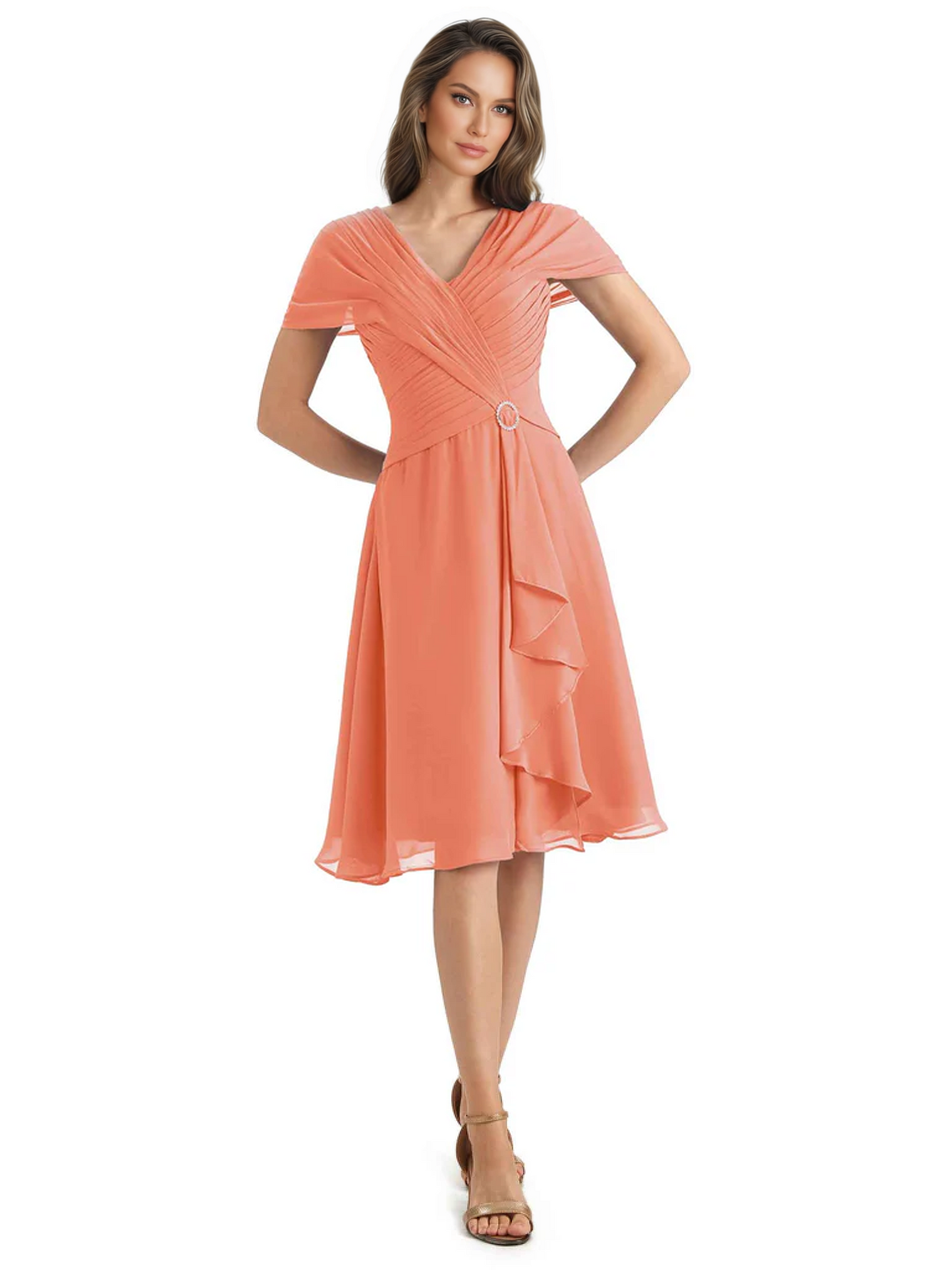 Mother of the Bride Dress Knee-Length V-Neck Chiffon Gown with Ruched Bodice