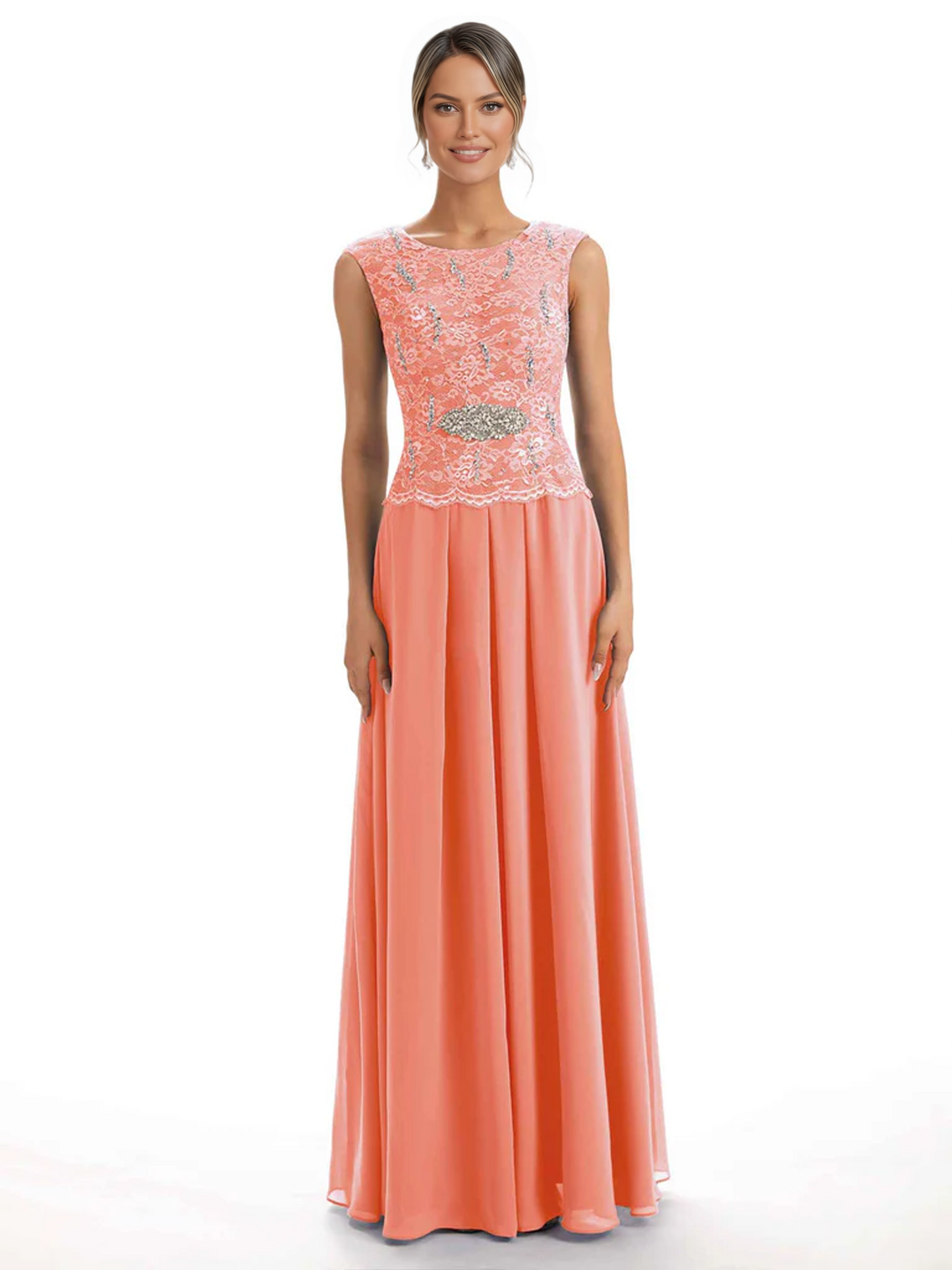 Mother of the Bride Dress Floor-Length Chiffon Gown with Embroidered Lace Bodice