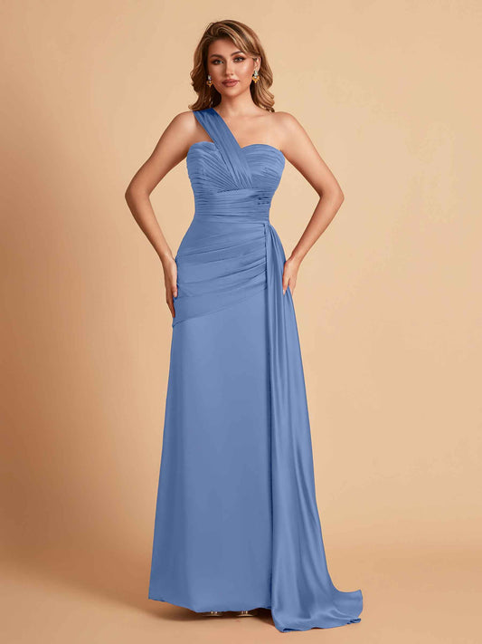 Sexy Satin Sheath One Shoulder With Train Elegant Long Bridesmaid Dresses