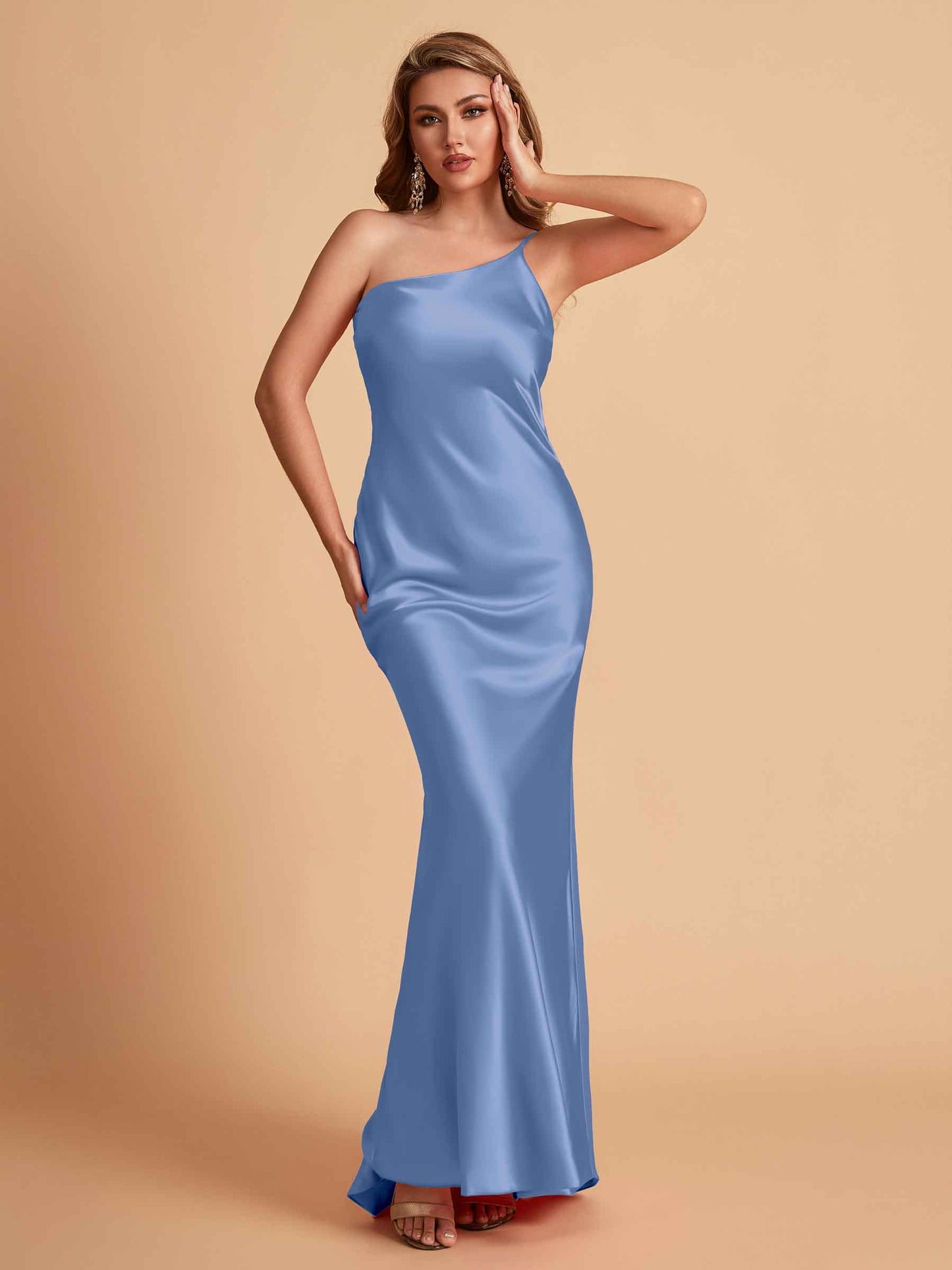 Sexy Silky Satin Sheath One Shoulder Comfy Long Bridesmaid Dresses