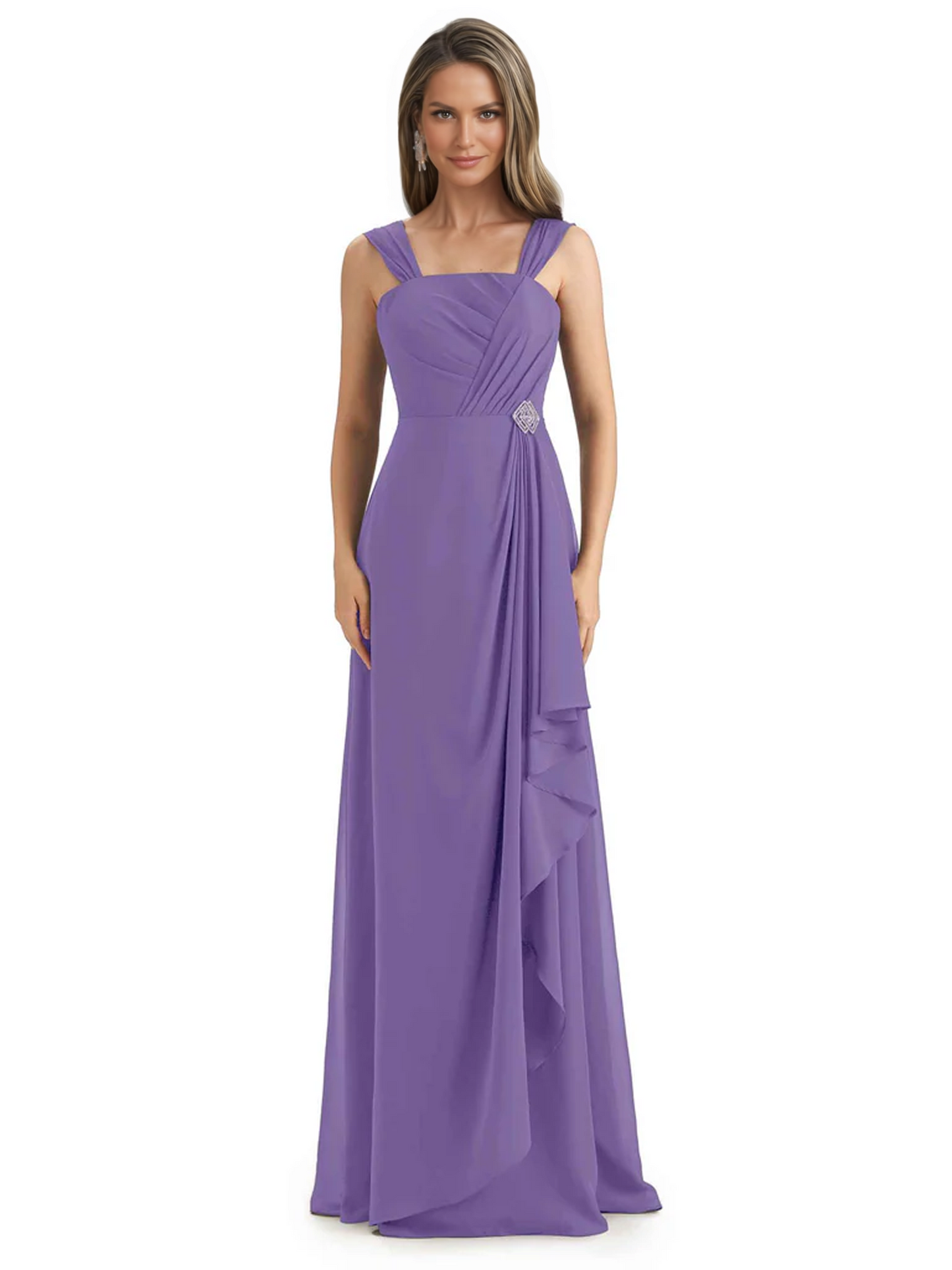 Square Neck Mother of the Bride Dress Floor-Length Chiffon Gown with Ruched Bodice