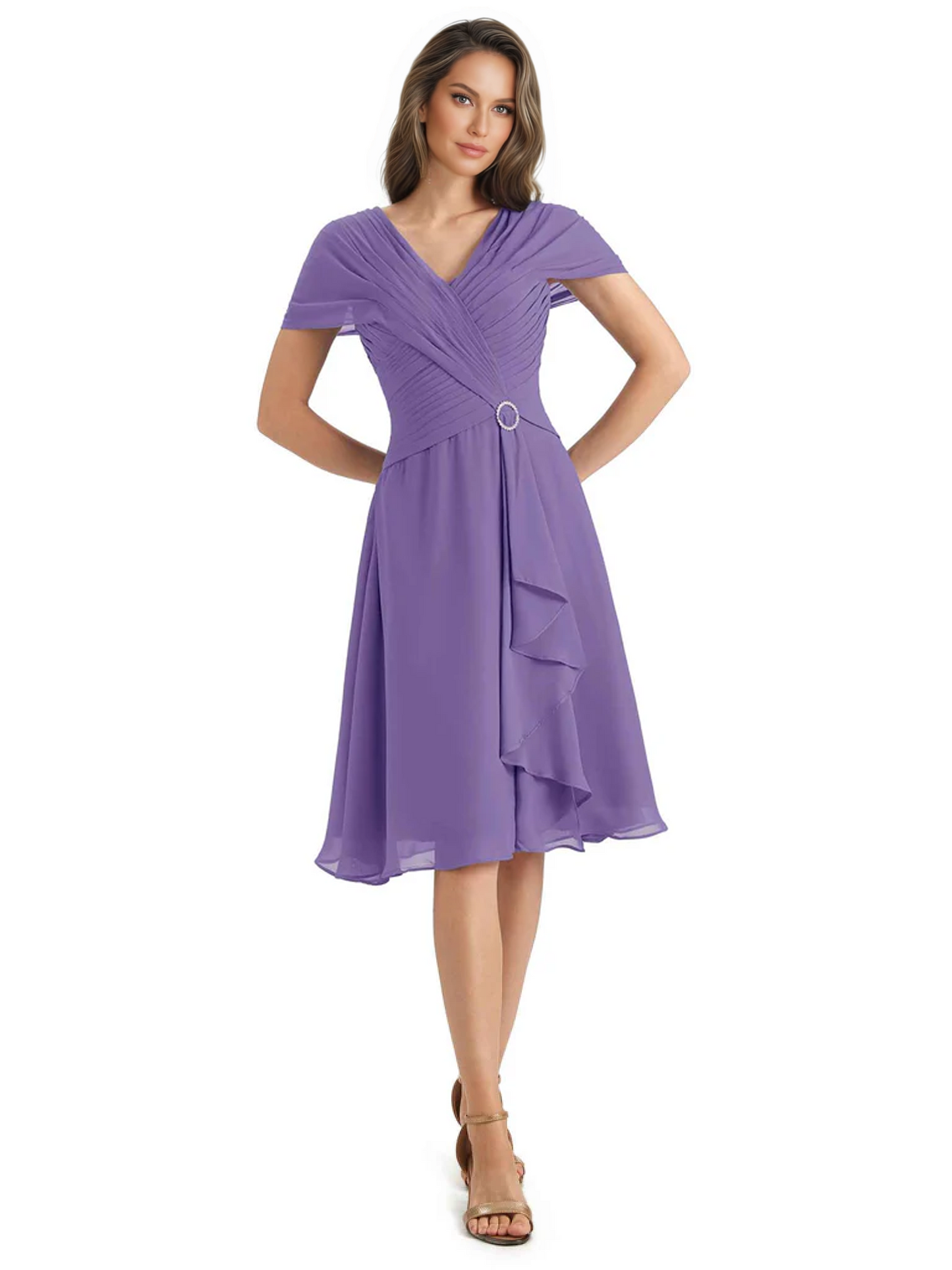 Mother of the Bride Dress Knee-Length V-Neck Chiffon Gown with Ruched Bodice