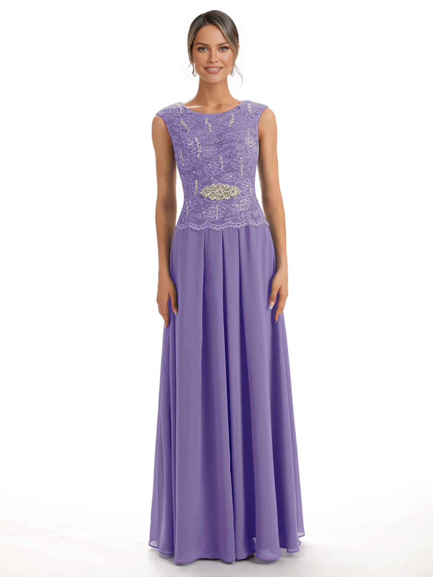 Mother of the Bride Dress Floor-Length Chiffon Gown with Embroidered Lace Bodice
