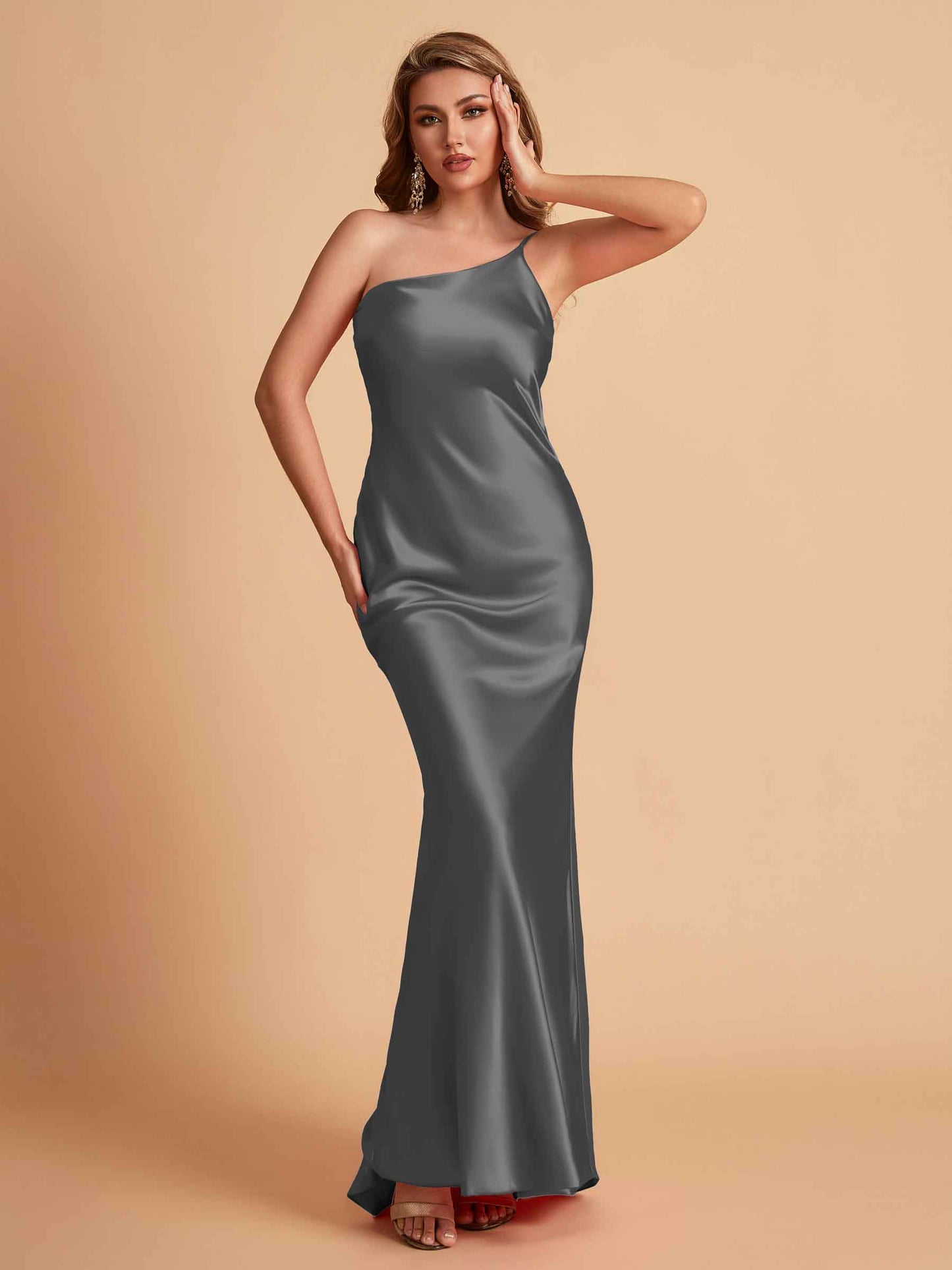 Sexy Silky Satin Sheath One Shoulder Comfy Long Bridesmaid Dresses