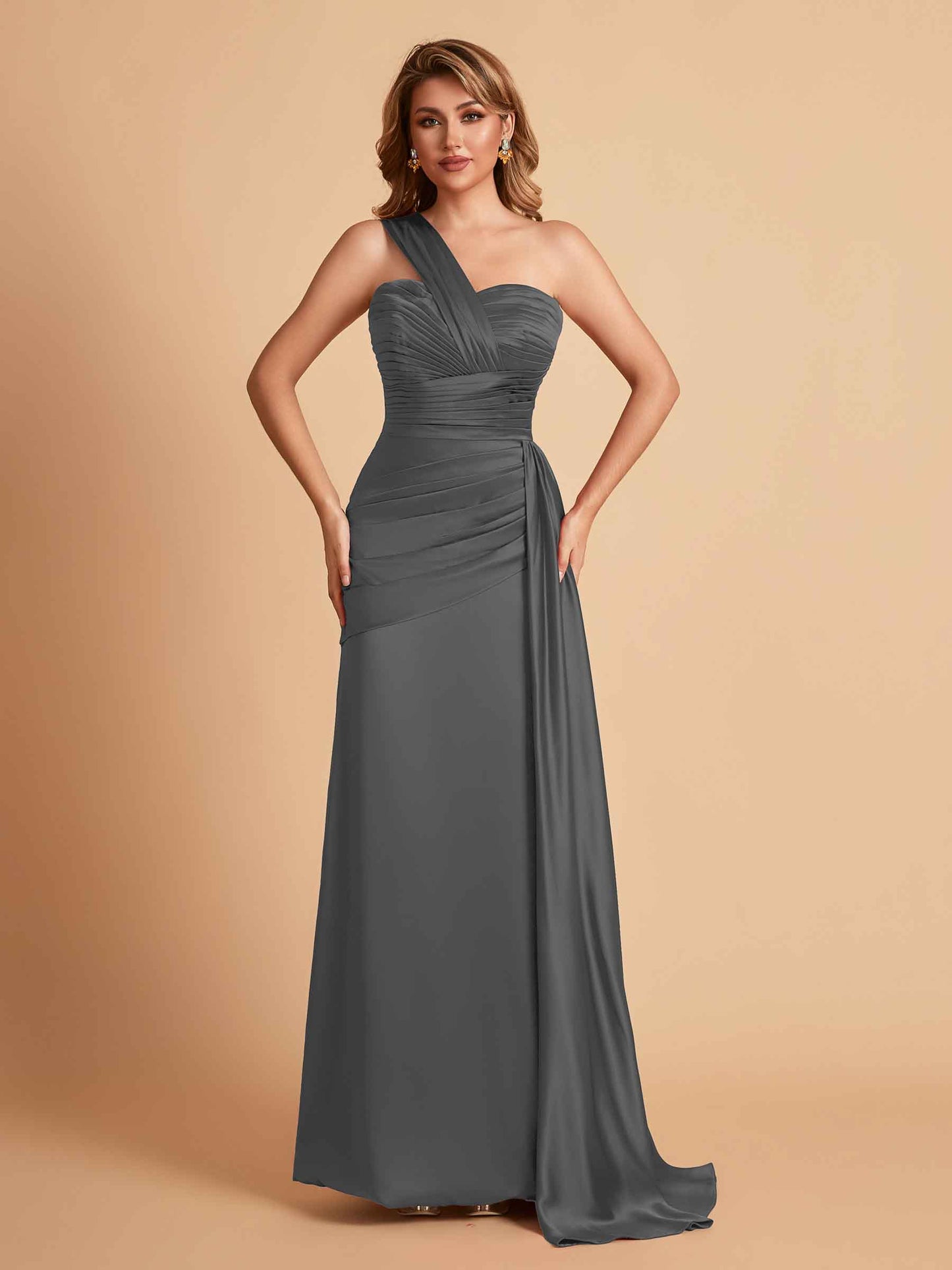 Sexy Satin Sheath One Shoulder With Train Elegant Long Bridesmaid Dresses