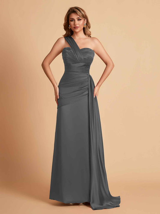 Sexy Satin Sheath One Shoulder With Train Elegant Long Bridesmaid Dresses