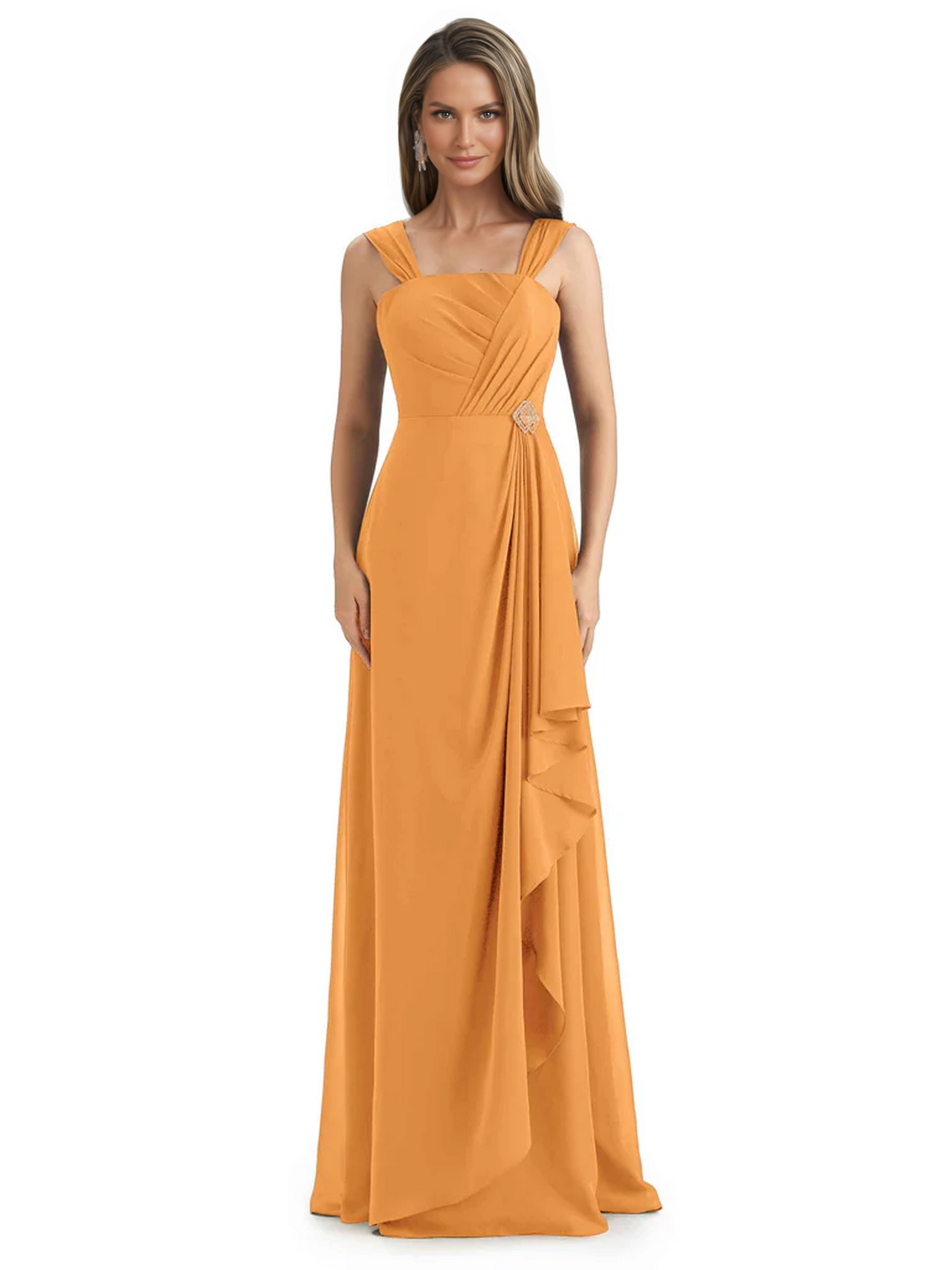 Square Neck Mother of the Bride Dress Floor-Length Chiffon Gown with Ruched Bodice