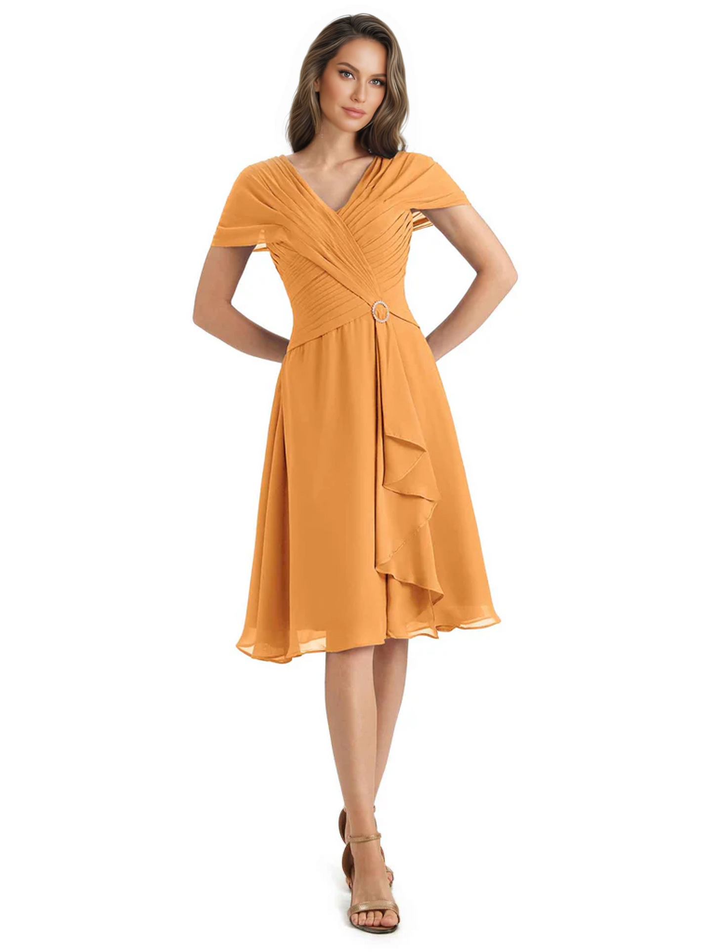 Mother of the Bride Dress Knee-Length V-Neck Chiffon Gown with Ruched Bodice