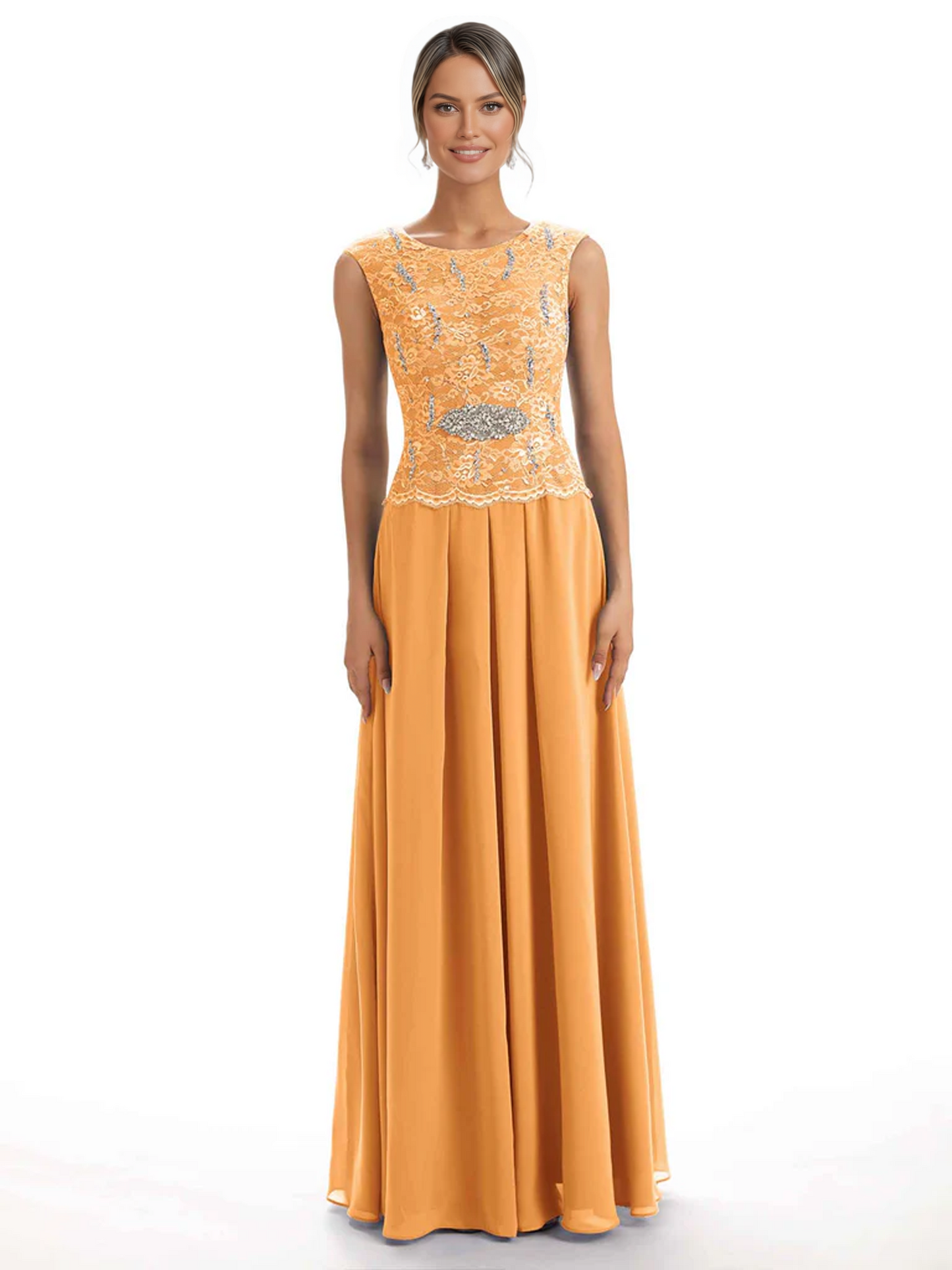Mother of the Bride Dress Floor-Length Chiffon Gown with Embroidered Lace Bodice