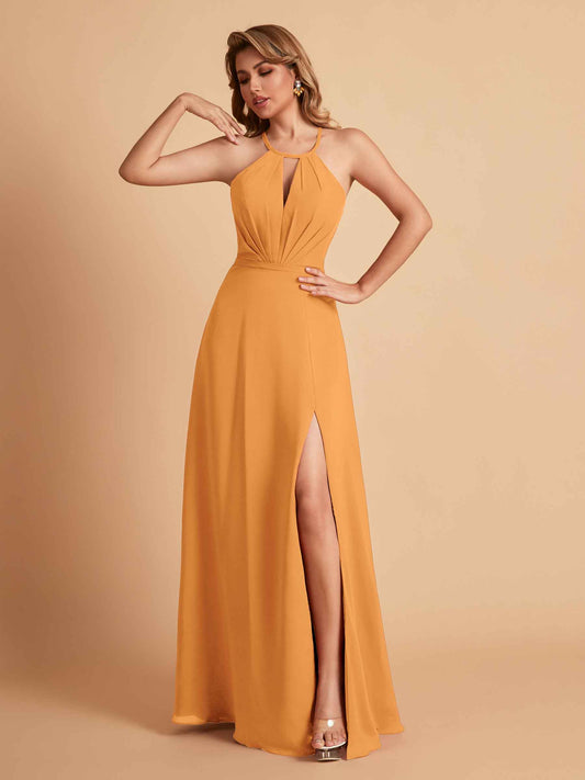 Stylish A-line Chiffon Halter Key-hole Open Back Floor Length Bridesmaid Dresses