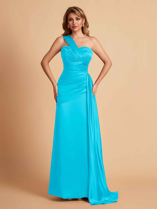 Sexy Satin Sheath One Shoulder With Train Elegant Long Bridesmaid Dresses