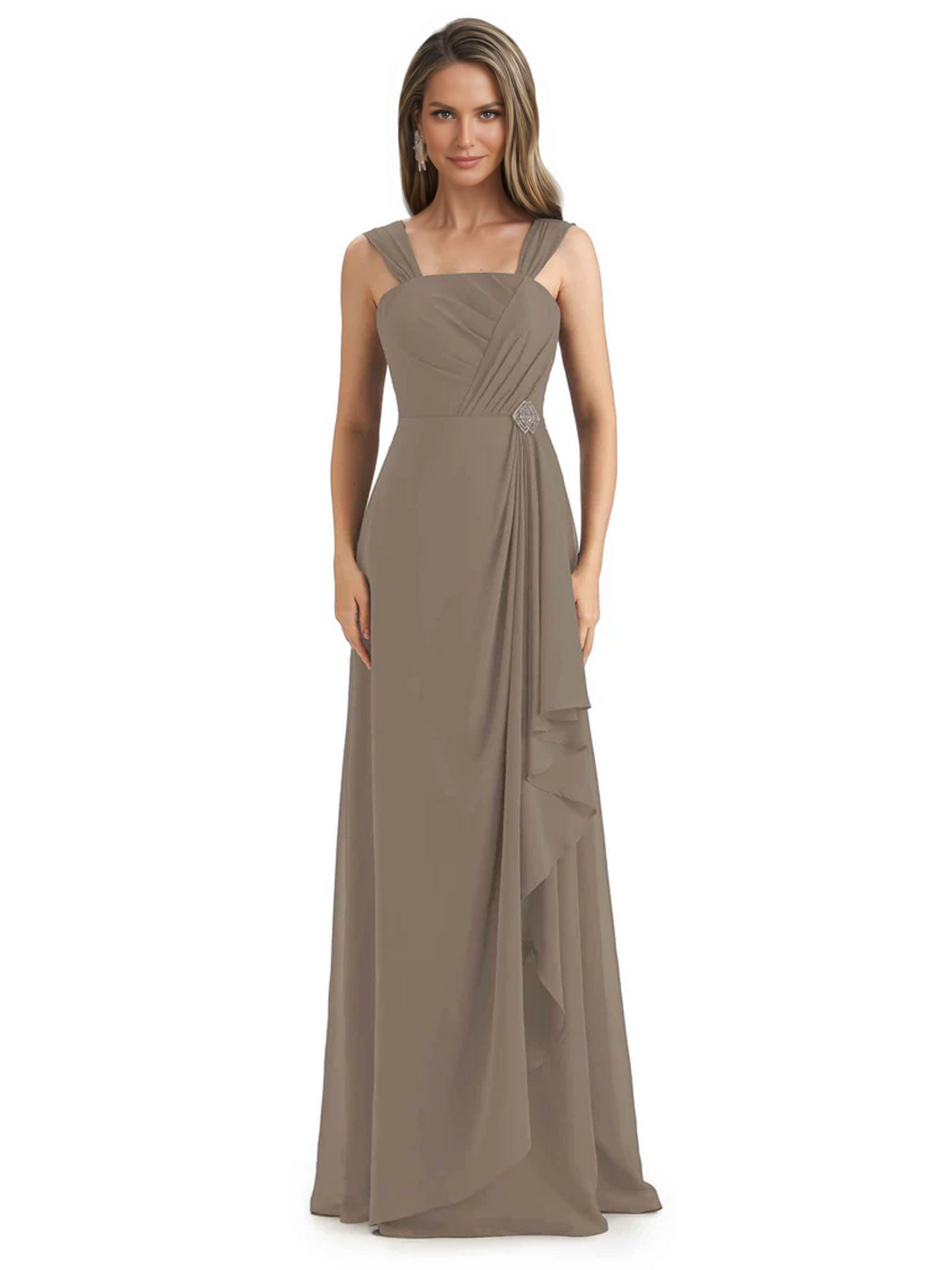 Square Neck Mother of the Bride Dress Floor-Length Chiffon Gown with Ruched Bodice