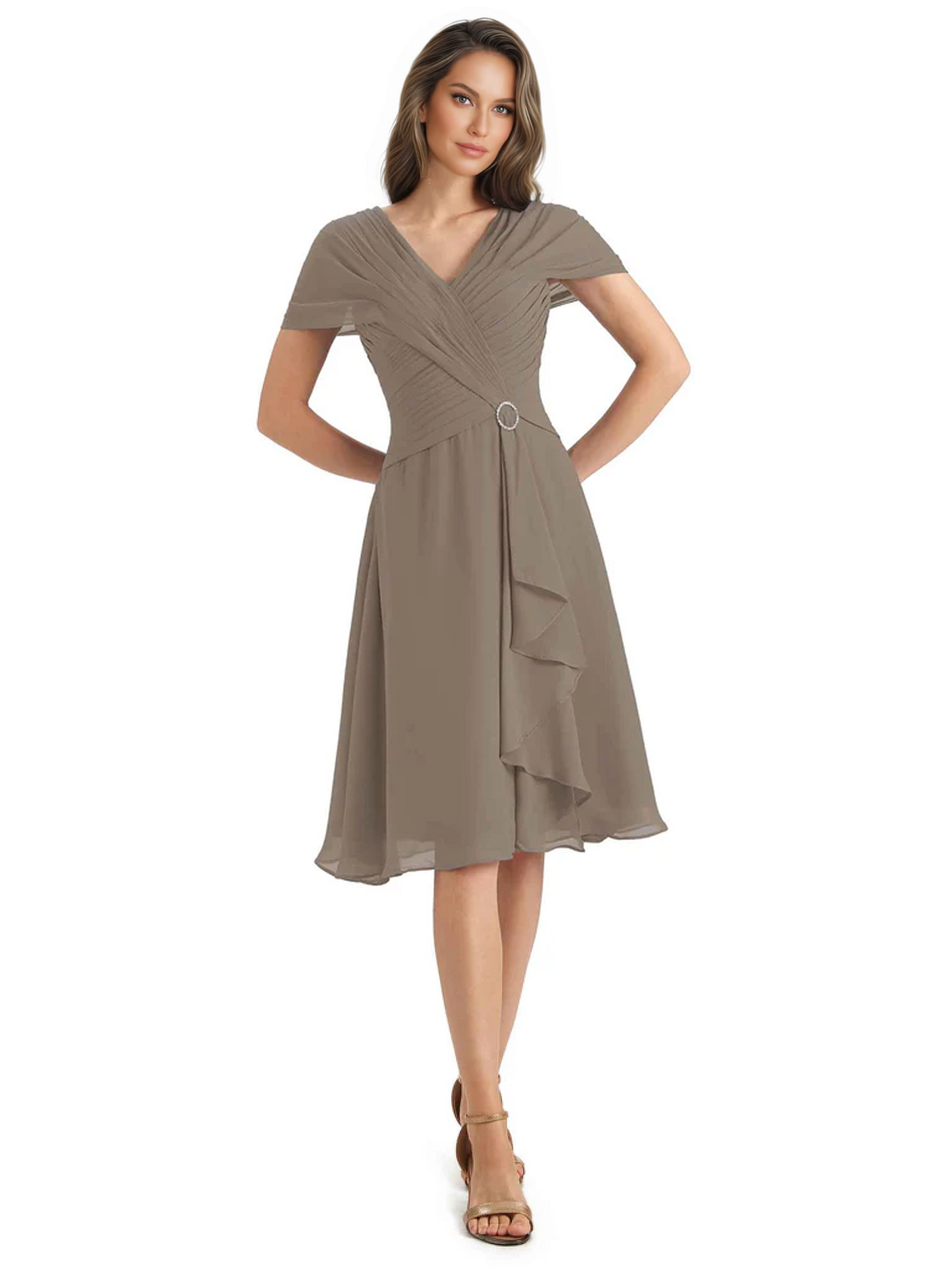 Mother of the Bride Dress Knee-Length V-Neck Chiffon Gown with Ruched Bodice