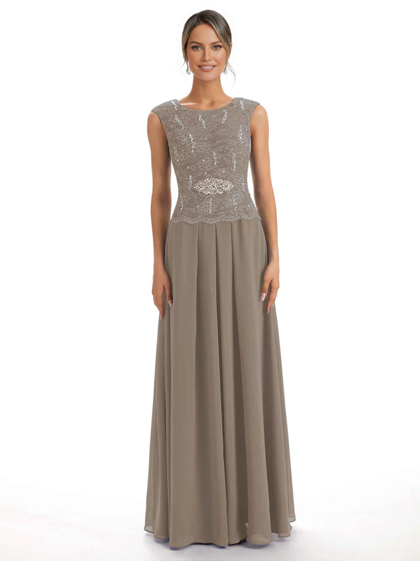 Mother of the Bride Dress Floor-Length Chiffon Gown with Embroidered Lace Bodice