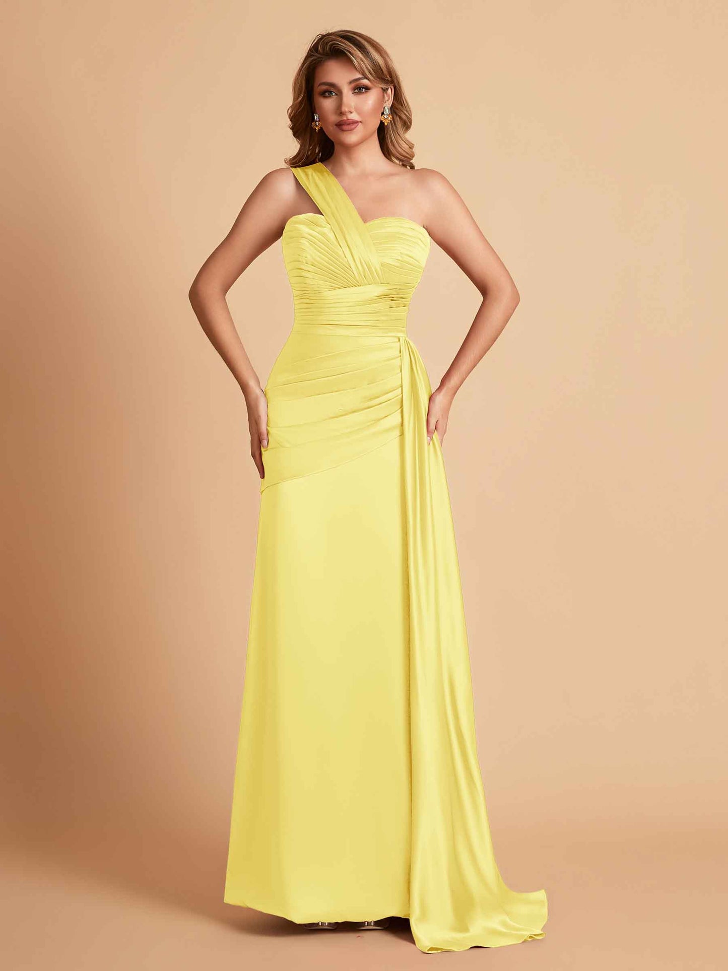 Sexy Satin Sheath One Shoulder With Train Elegant Long Bridesmaid Dresses