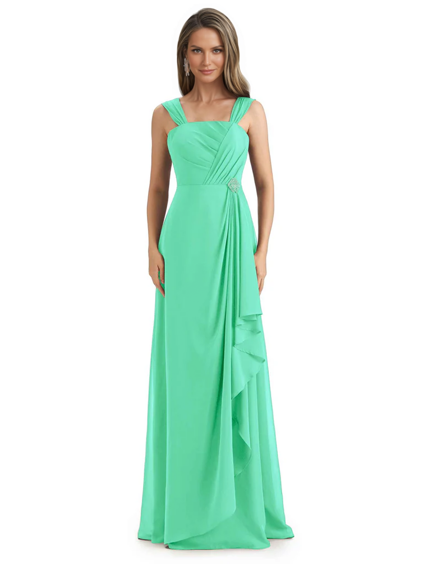 Square Neck Mother of the Bride Dress Floor-Length Chiffon Gown with Ruched Bodice