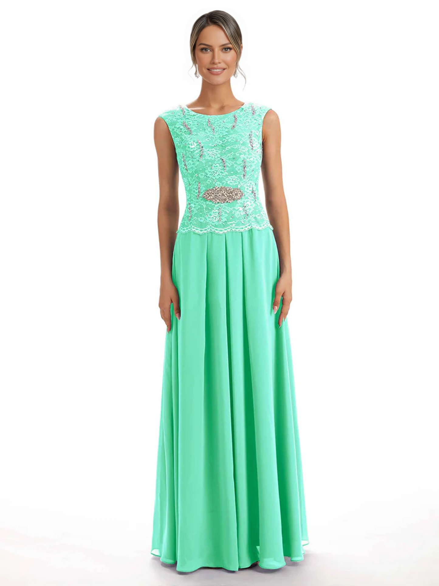 Mother of the Bride Dress Floor-Length Chiffon Gown with Embroidered Lace Bodice