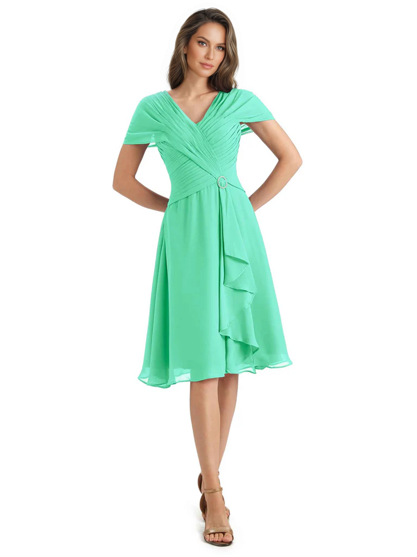 Mother of the Bride Dress Knee-Length V-Neck Chiffon Gown with Ruched Bodice