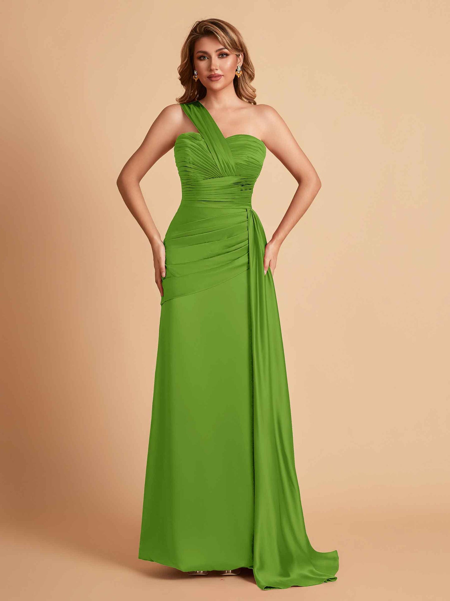 Sexy Satin Sheath One Shoulder With Train Elegant Long Bridesmaid Dresses