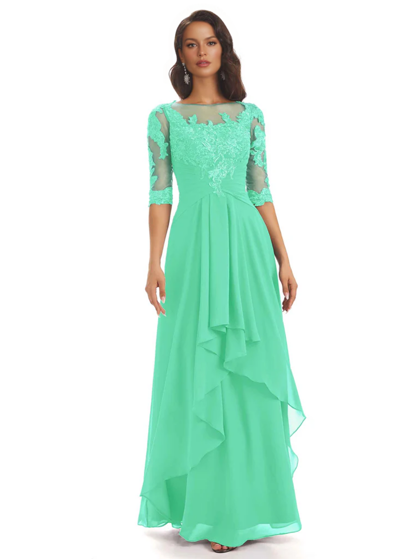 Elegant Lace A-line Chiffon Half Sleeves Mother of the Brides Dresses Floor Length