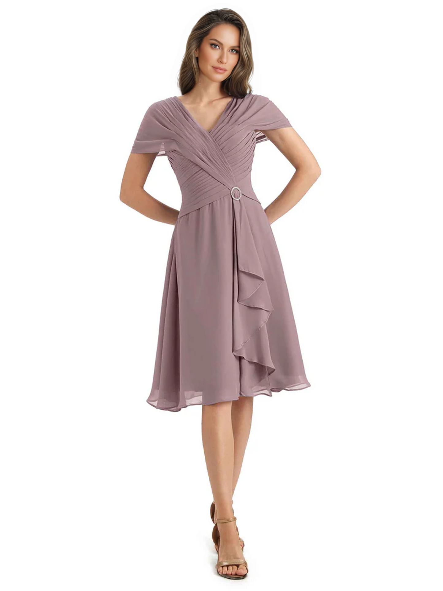 Mother of the Bride Dress Knee-Length V-Neck Chiffon Gown with Ruched Bodice