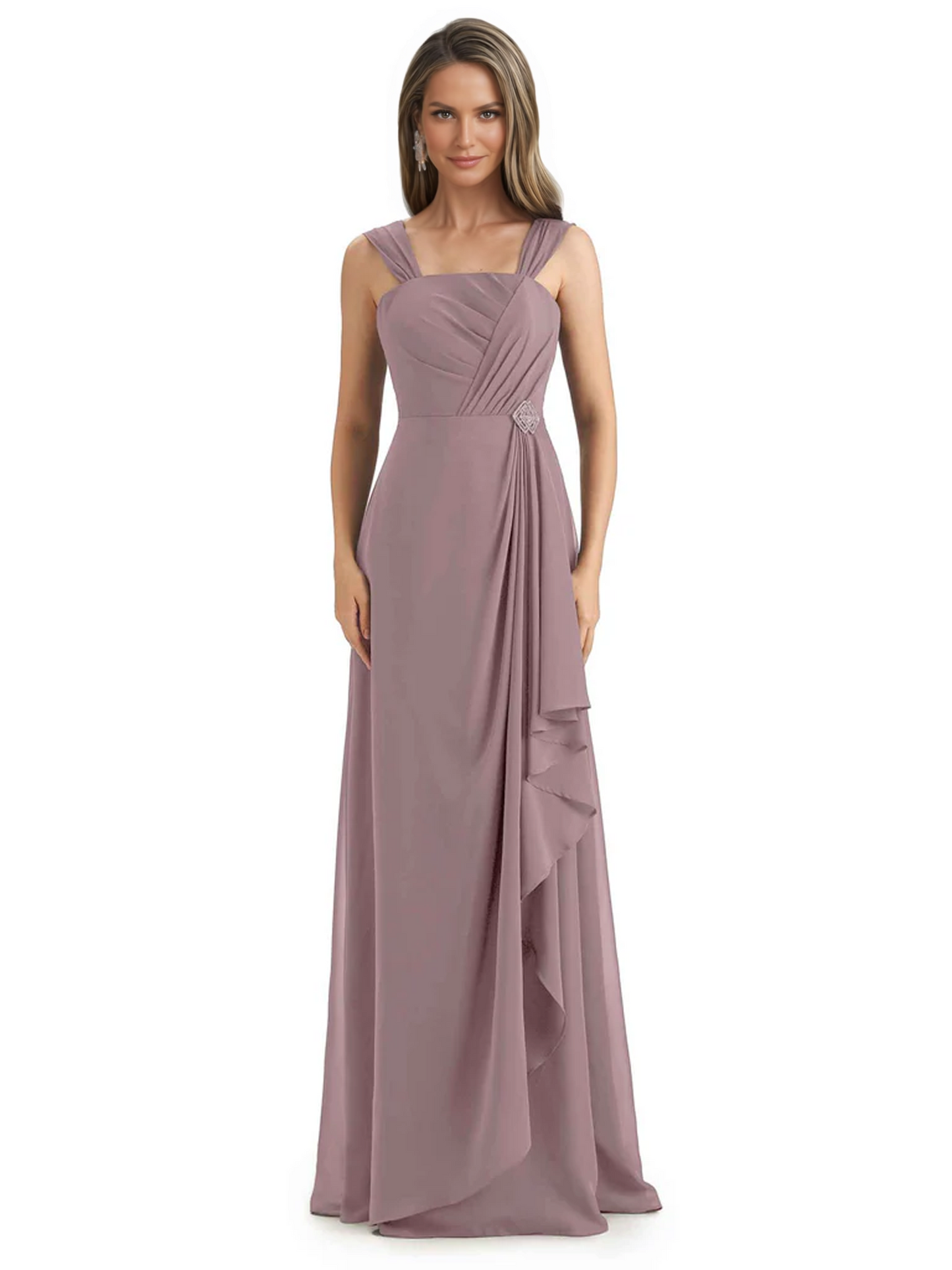 Square Neck Mother of the Bride Dress Floor-Length Chiffon Gown with Ruched Bodice