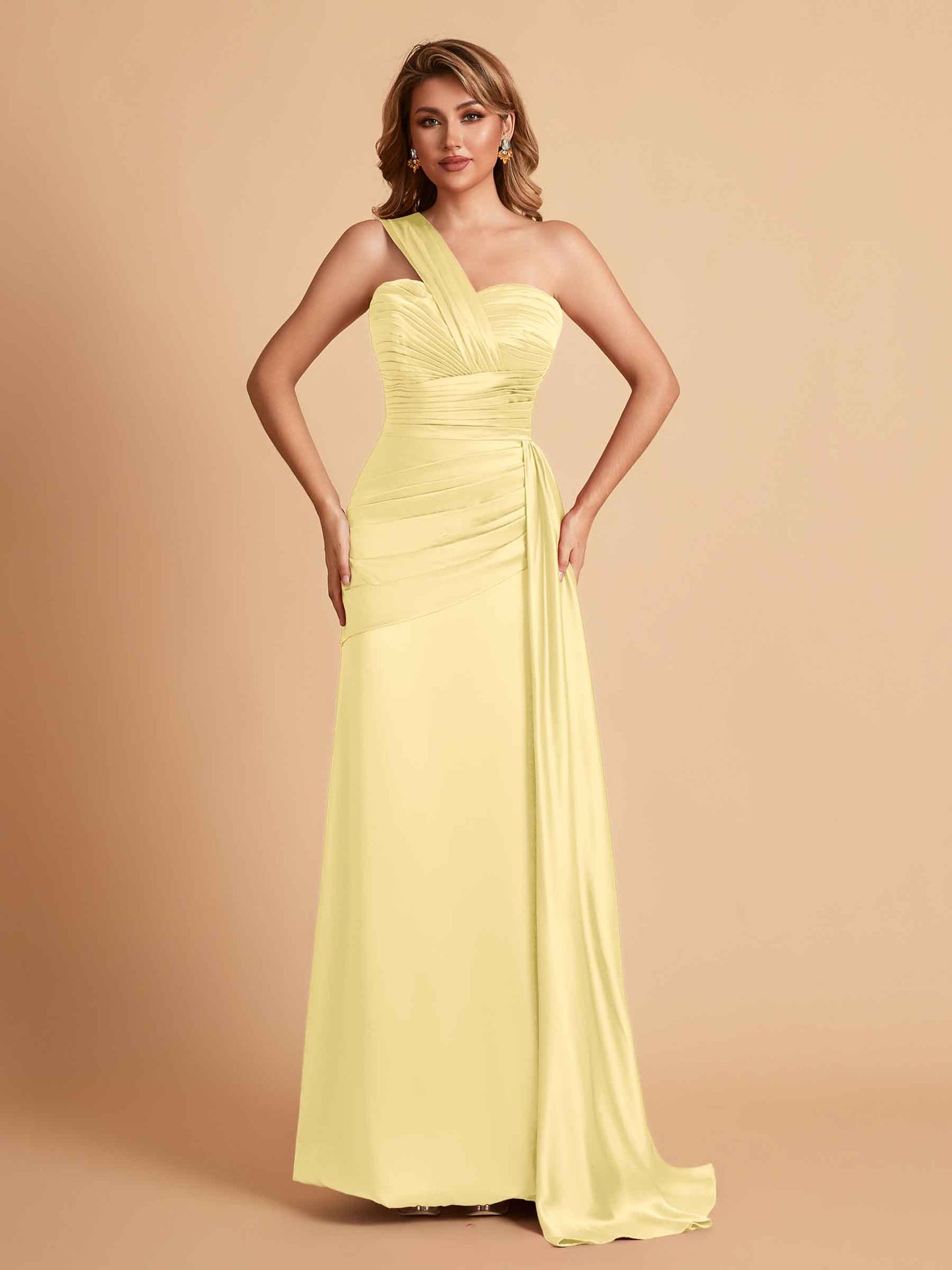 Sexy Satin Sheath One Shoulder With Train Elegant Long Bridesmaid Dresses