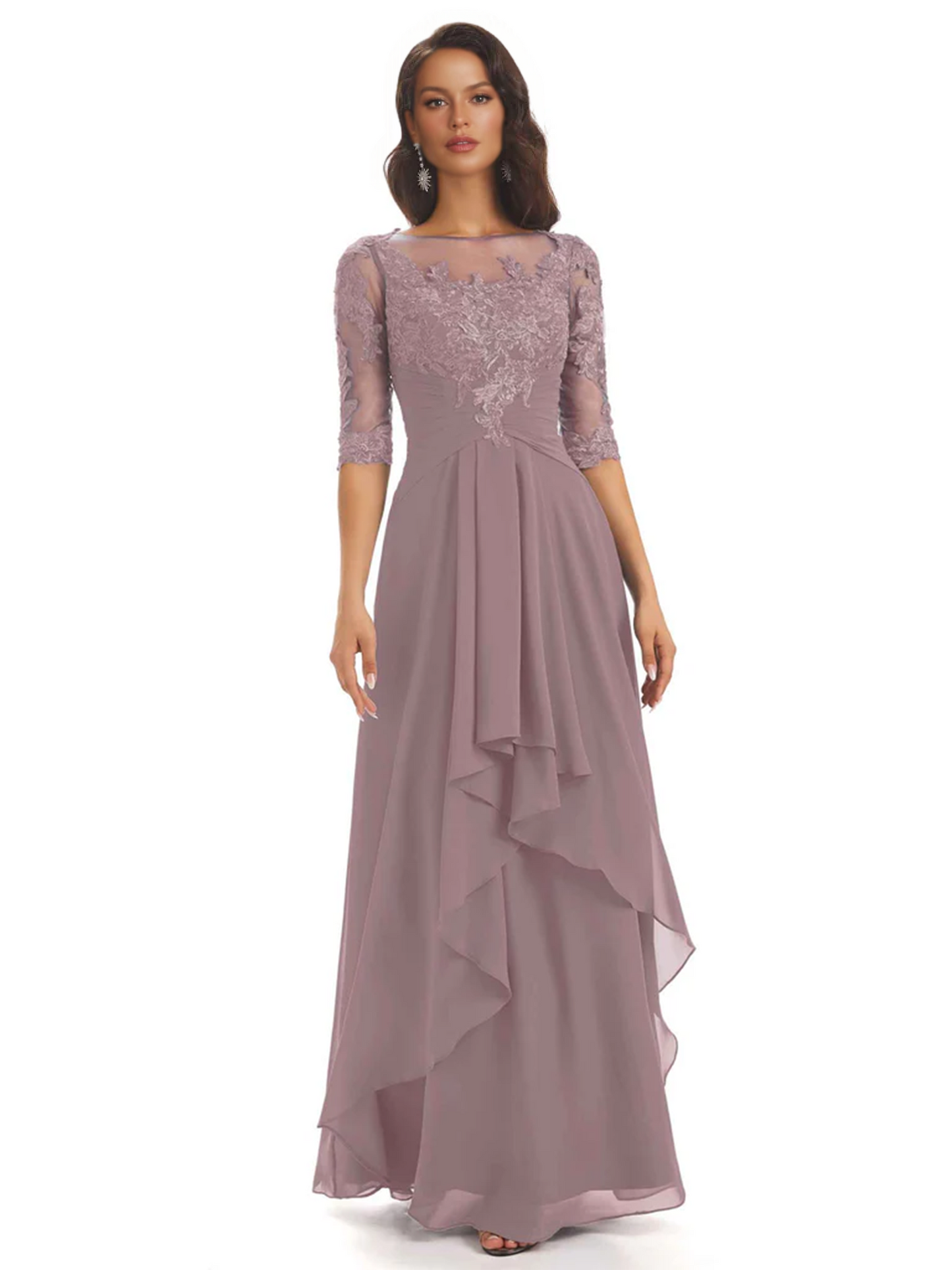 Elegant Lace A-line Chiffon Half Sleeves Mother of the Brides Dresses Floor Length