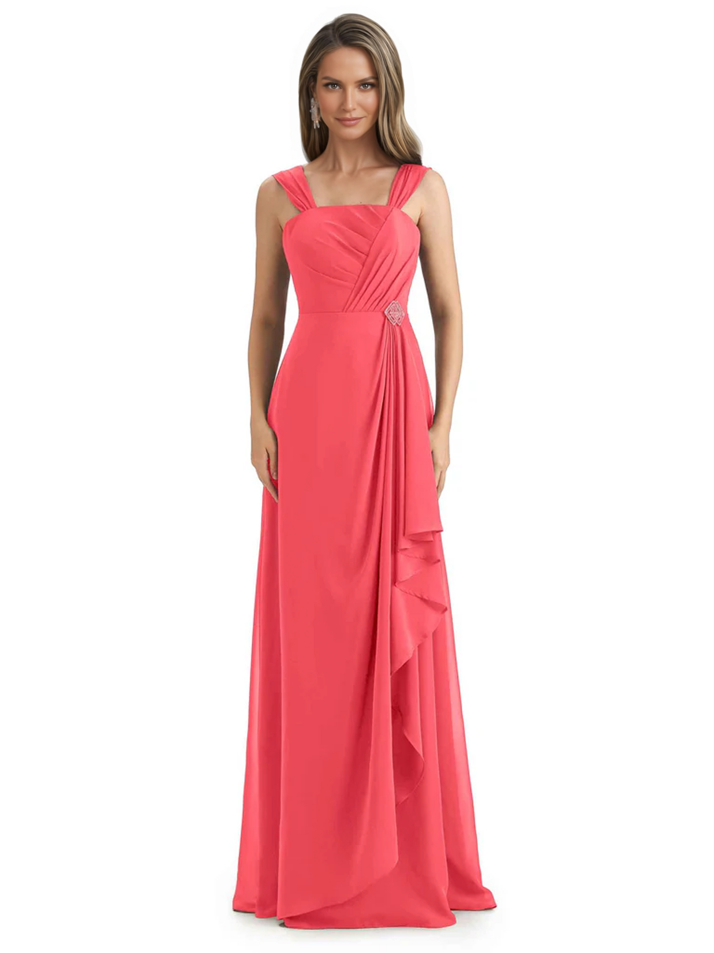 Square Neck Mother of the Bride Dress Floor-Length Chiffon Gown with Ruched Bodice