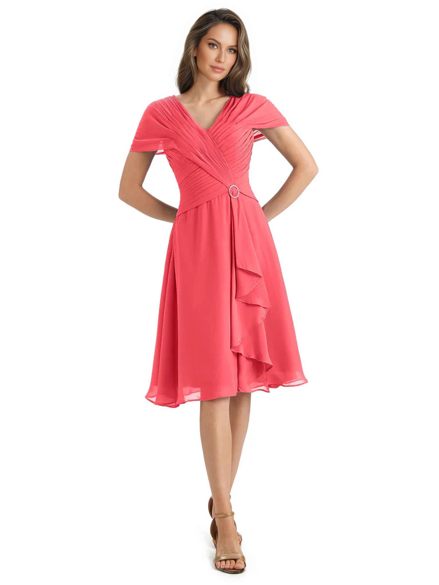 Mother of the Bride Dress Knee-Length V-Neck Chiffon Gown with Ruched Bodice