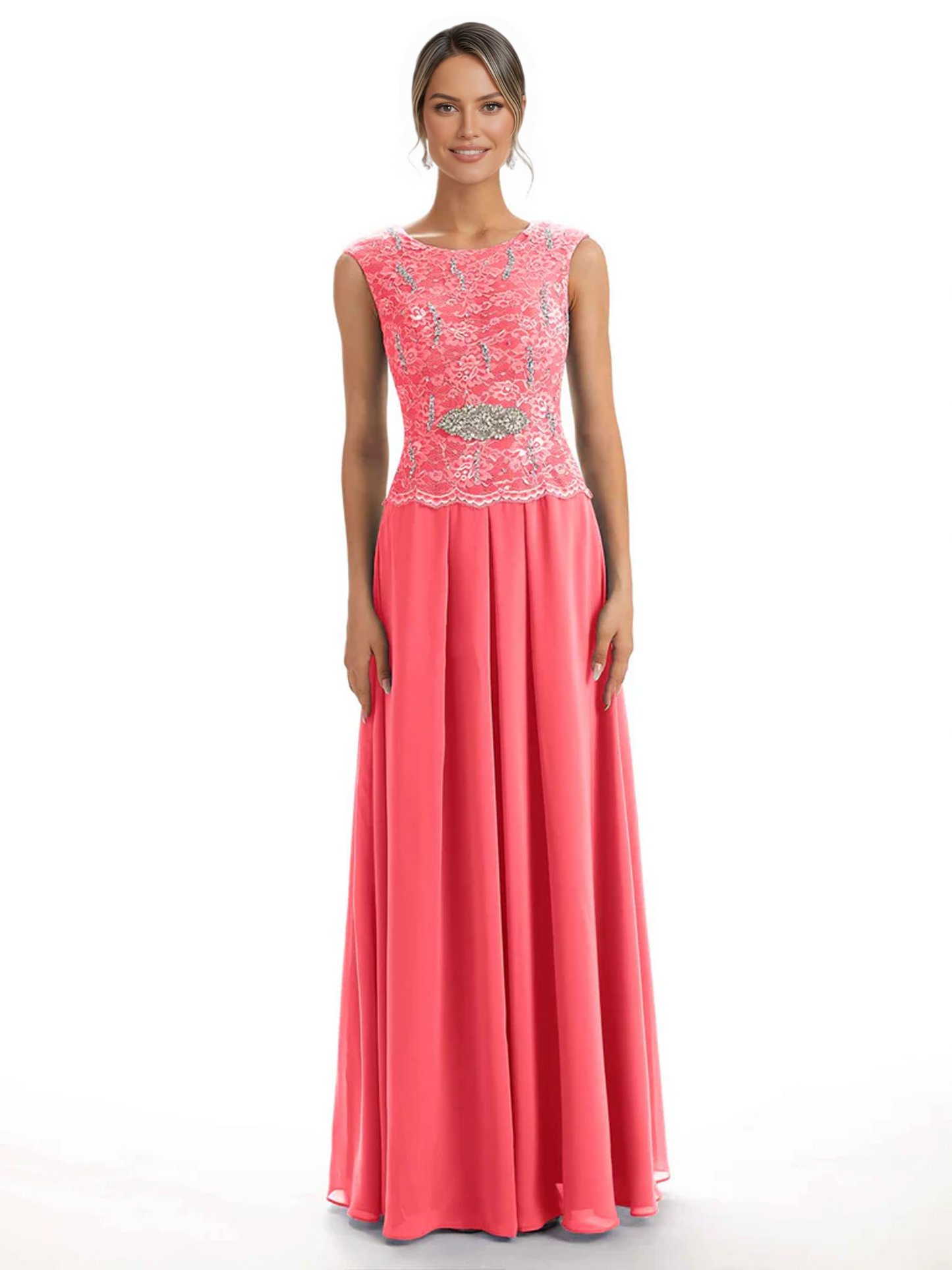 Mother of the Bride Dress Floor-Length Chiffon Gown with Embroidered Lace Bodice