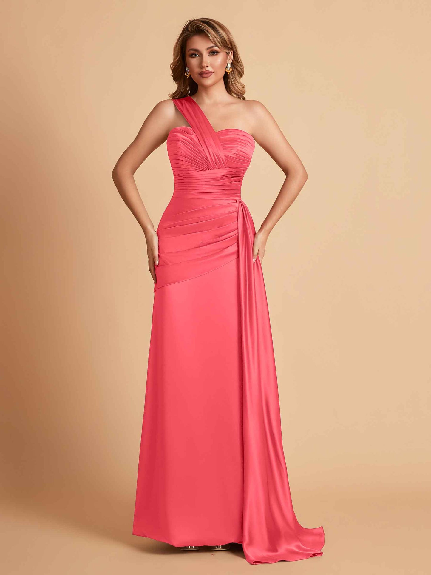 Sexy Satin Sheath One Shoulder With Train Elegant Long Bridesmaid Dresses