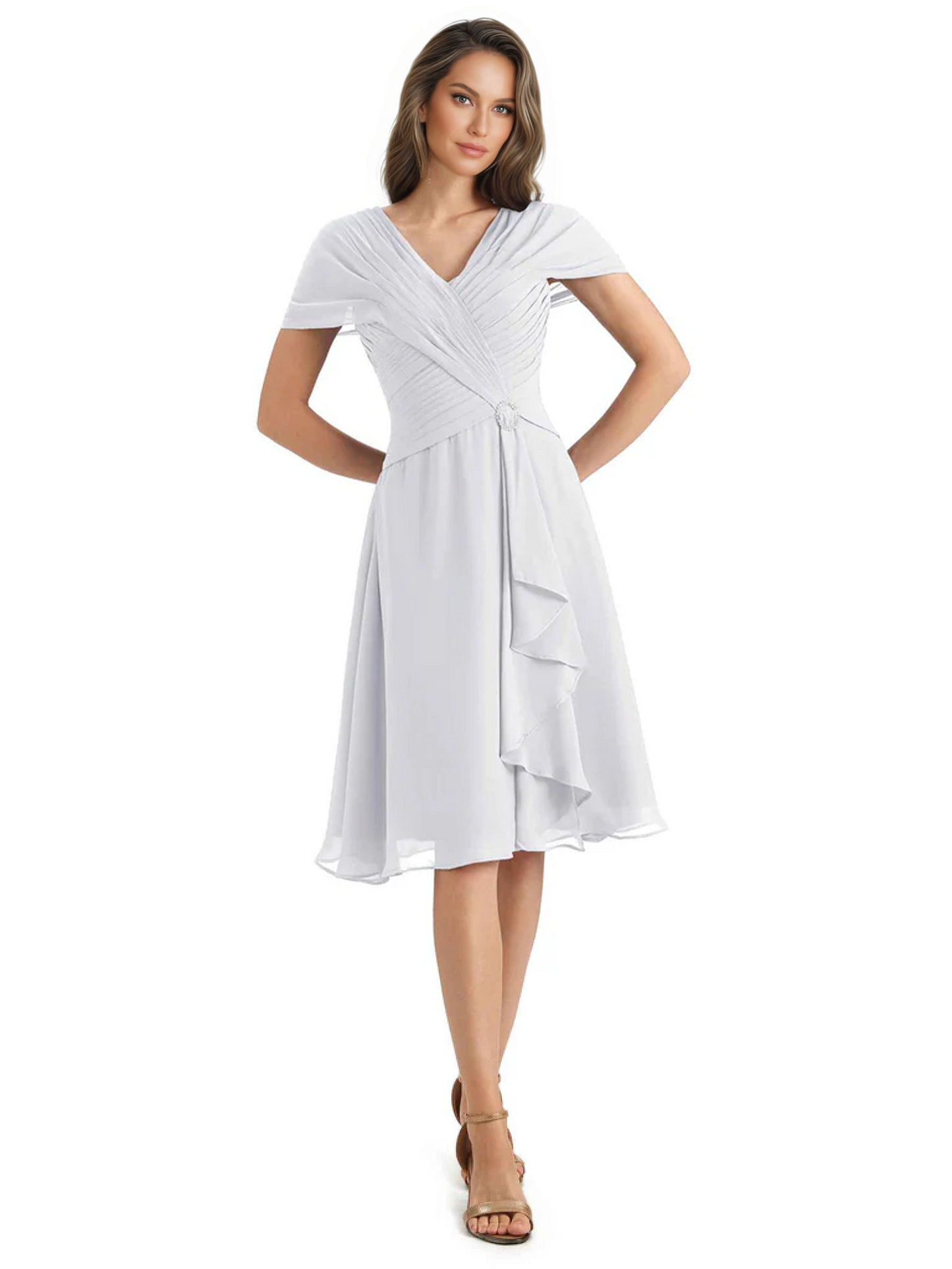 Mother of the Bride Dress Knee-Length V-Neck Chiffon Gown with Ruched Bodice