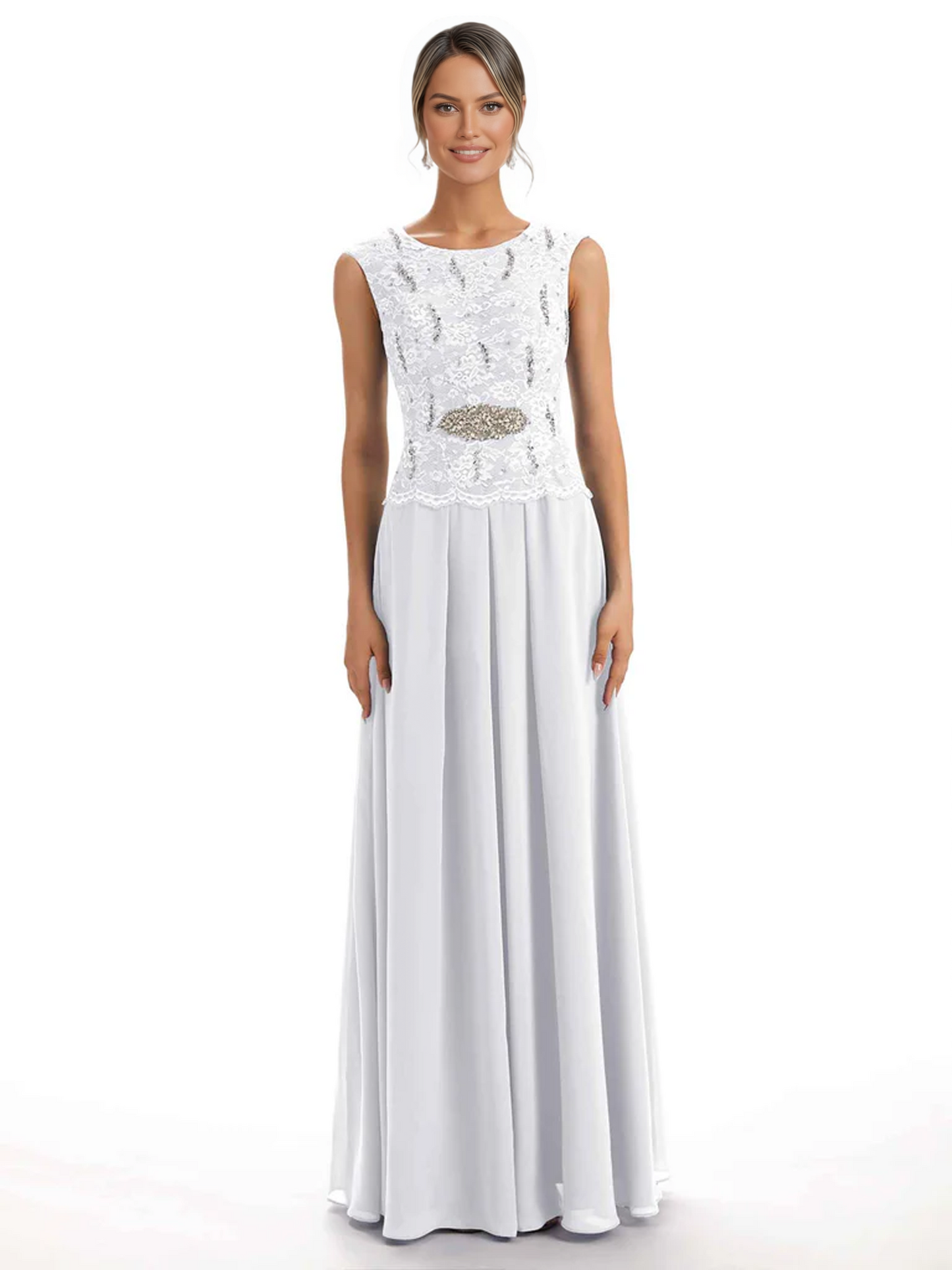 Mother of the Bride Dress Floor-Length Chiffon Gown with Embroidered Lace Bodice