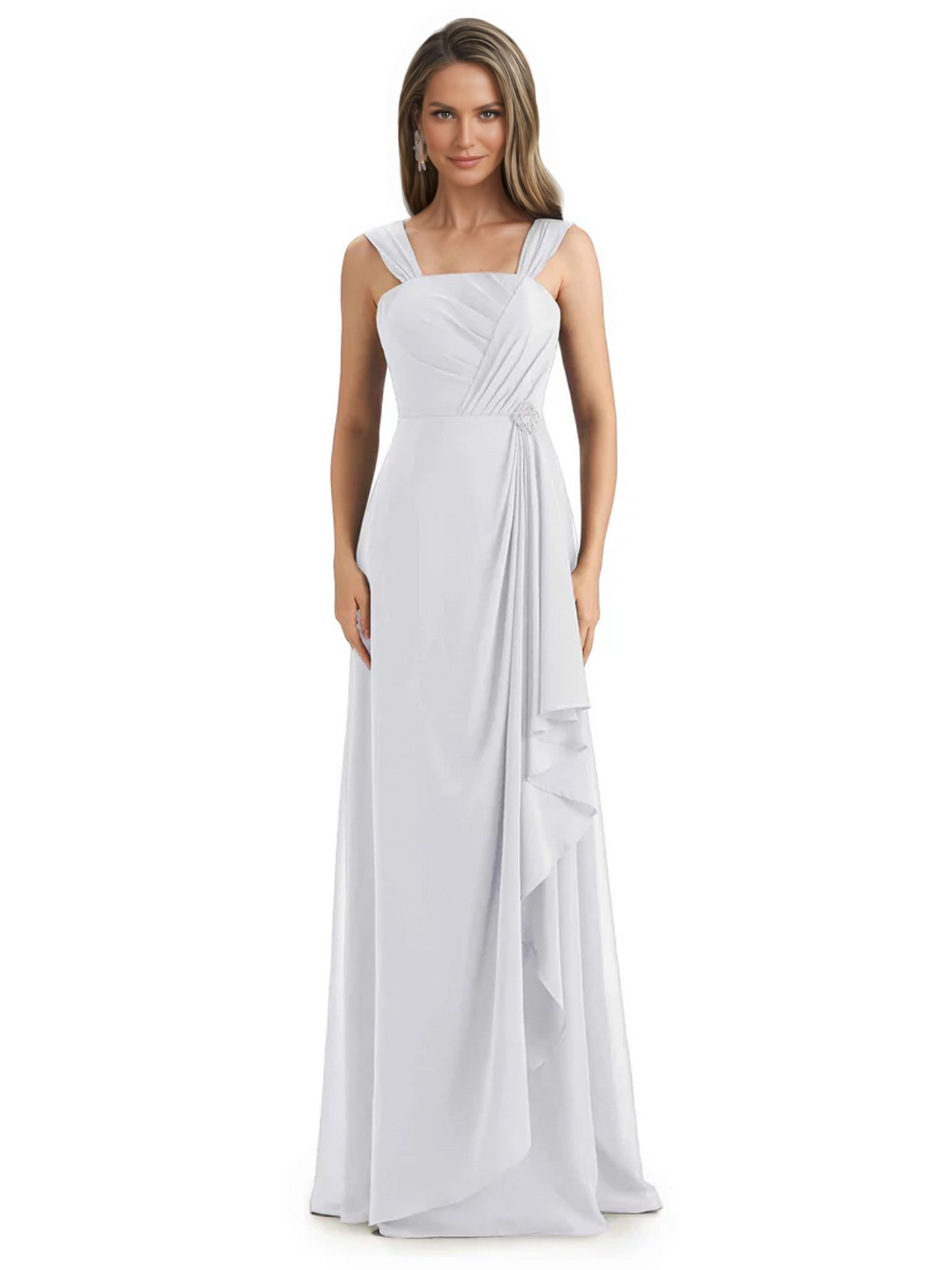 Square Neck Mother of the Bride Dress Floor-Length Chiffon Gown with Ruched Bodice