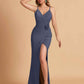 Elegant Satin Spaghetti Straps V-Neck Mermaid With Pleats and Flower Long Bridesmaid Dresses