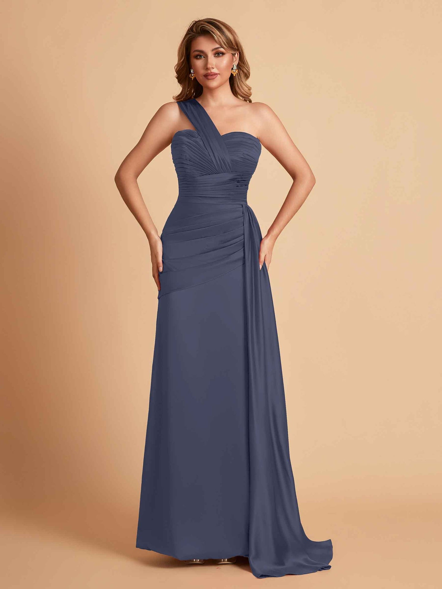 Sexy Satin Sheath One Shoulder With Train Elegant Long Bridesmaid Dresses