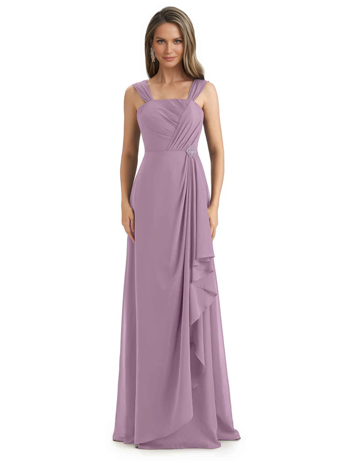 Square Neck Mother of the Bride Dress Floor-Length Chiffon Gown with Ruched Bodice