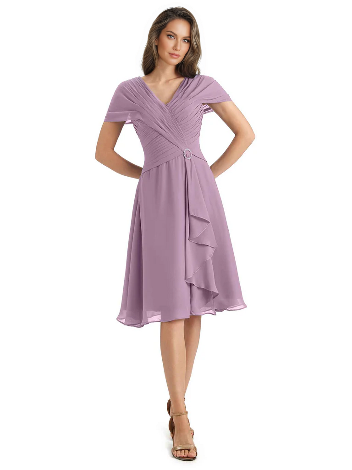 Mother of the Bride Dress Knee-Length V-Neck Chiffon Gown with Ruched Bodice