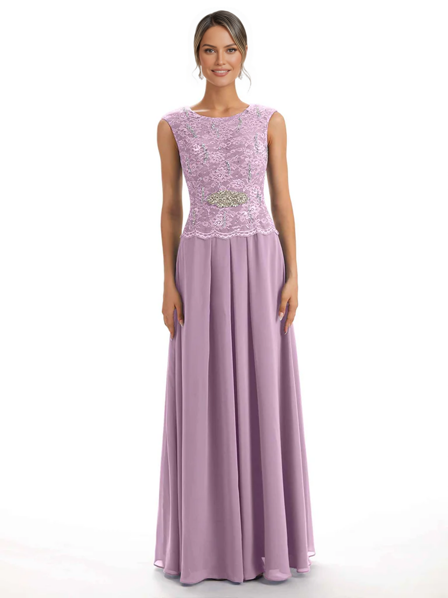 Mother of the Bride Dress Floor-Length Chiffon Gown with Embroidered Lace Bodice