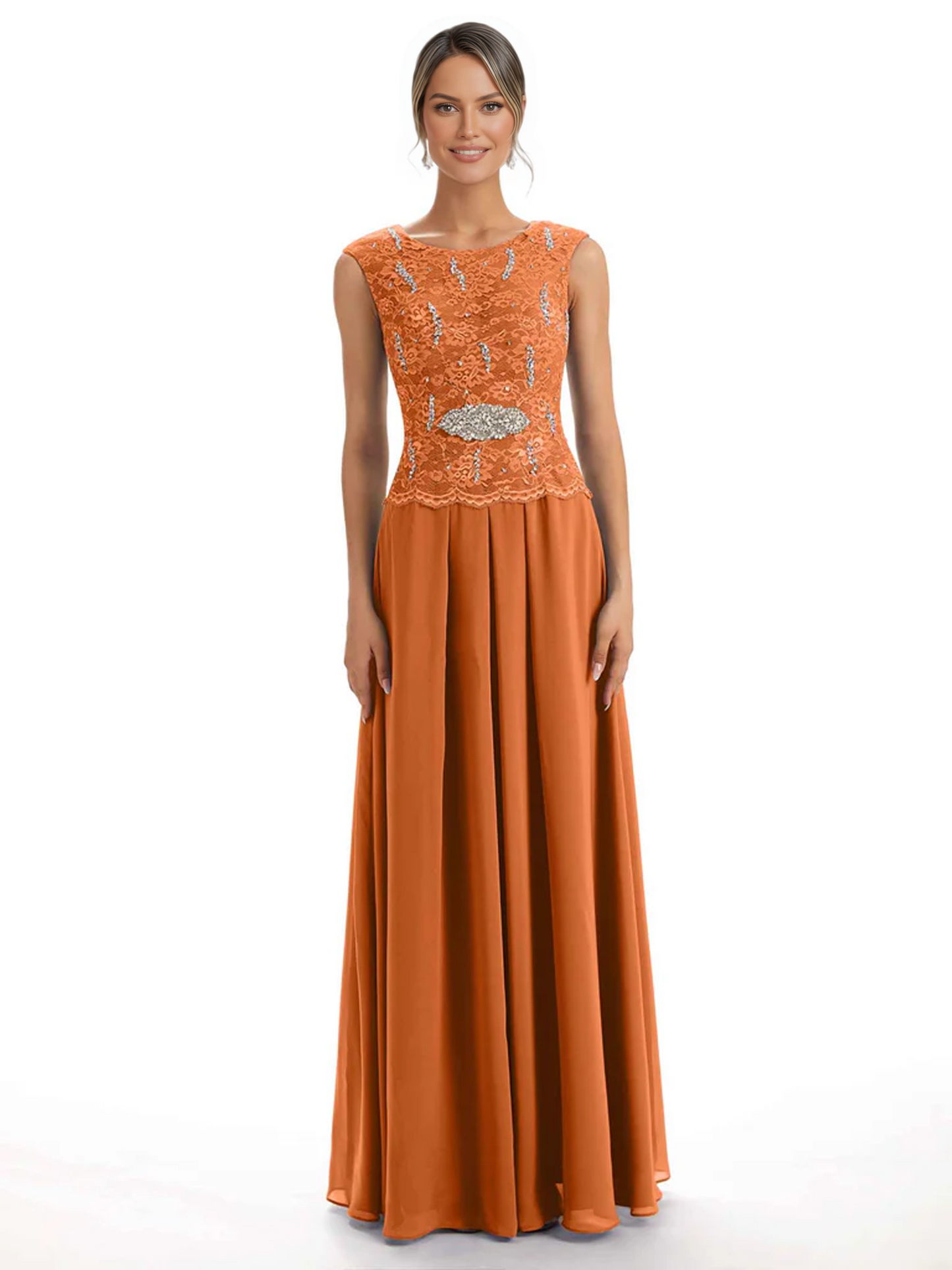 Mother of the Bride Dress Floor-Length Chiffon Gown with Embroidered Lace Bodice